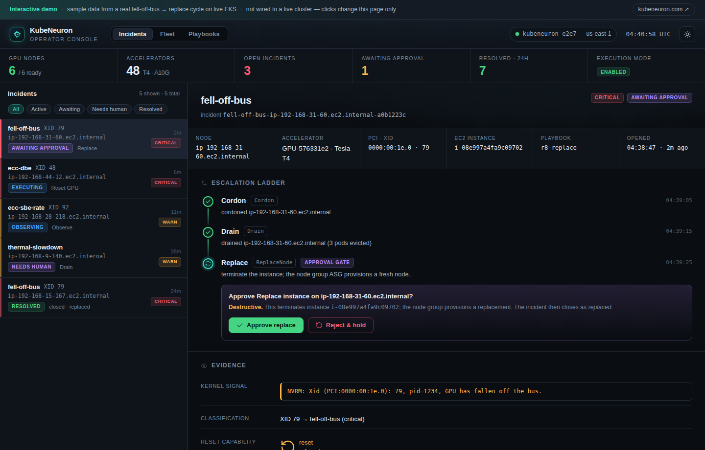 KubeNeuron operator console: an incident's escalation ladder, the approval gate, kernel-signal evidence, and audit trail