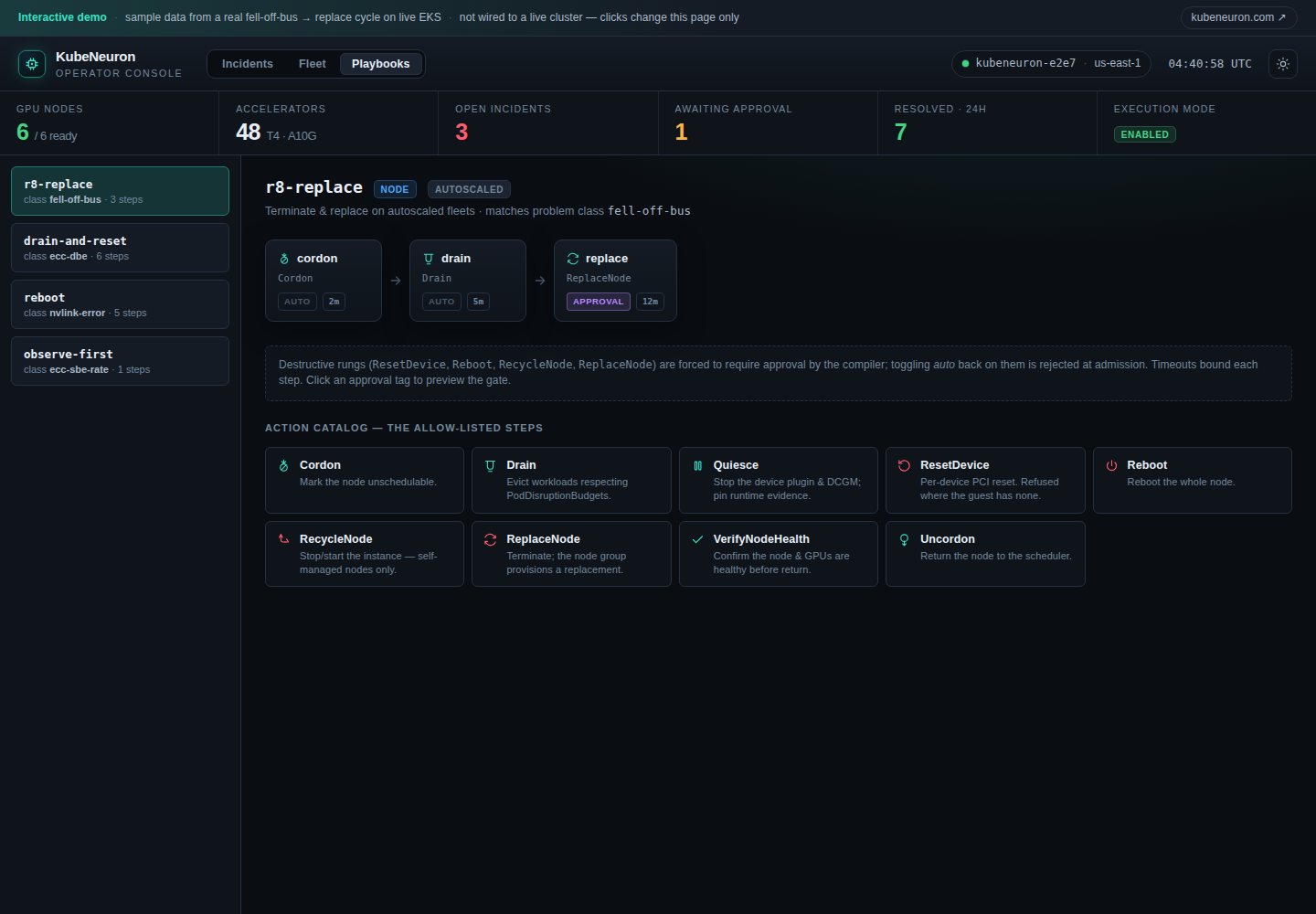 Operator console playbook editor: the escalation ladder as a step flow with approval gates and the action catalog